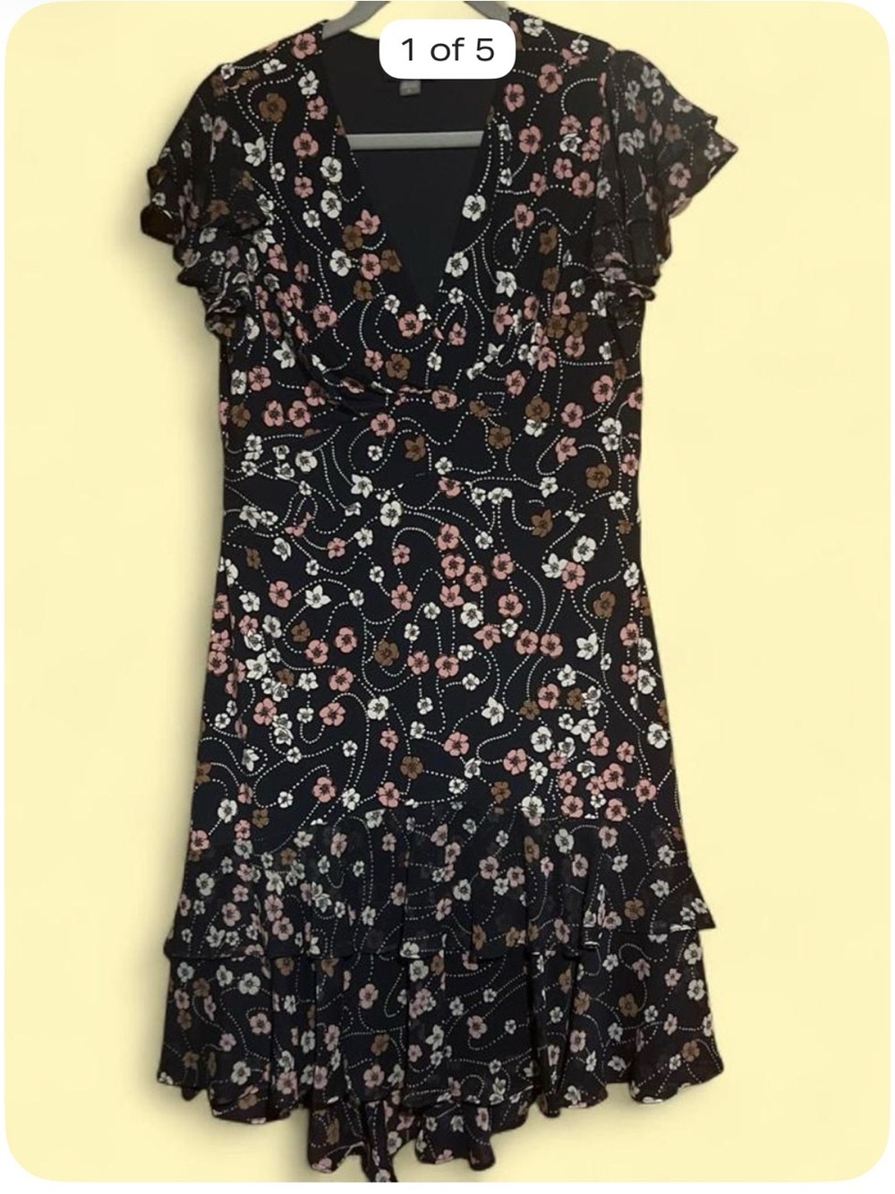 Tommy Hilfiger Black Floral V-Neck Ruffle Hem Dress